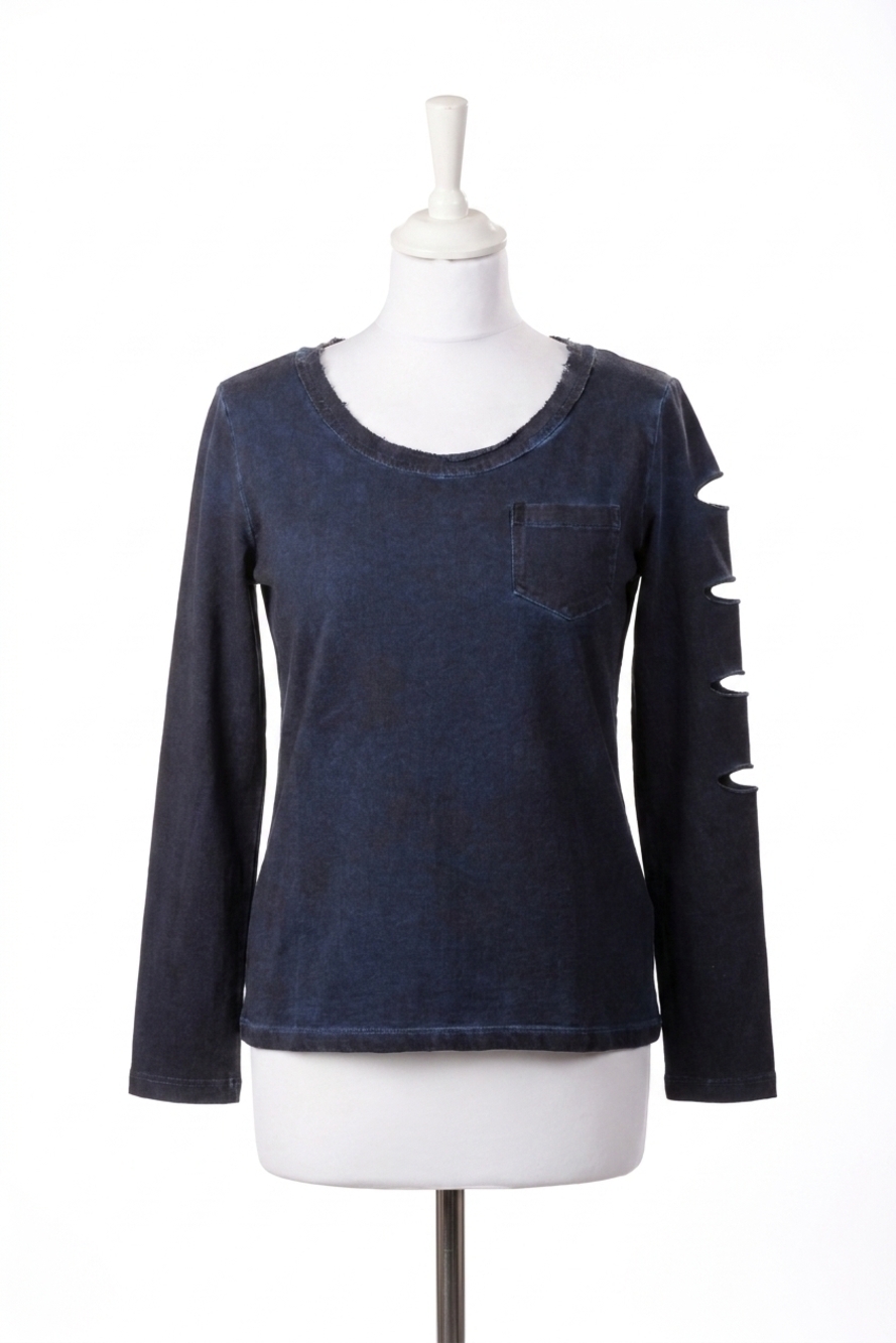 NEW ANGEL scoop-neck distressed top in denim